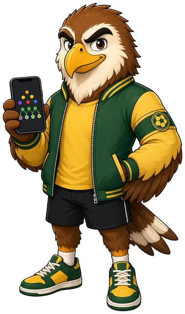 Cartoon of Bird Is The Word: a sharp-eyed eagle in a green and gold bomber jacket and trainers, holding a phone