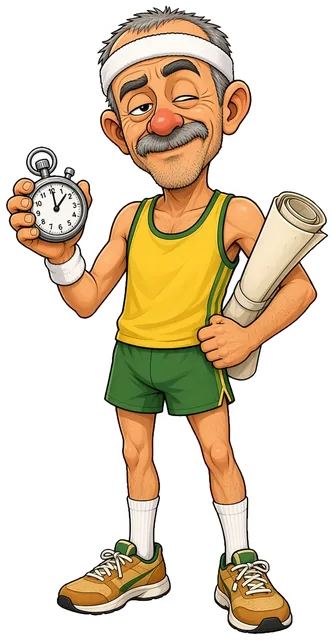 Cartoon of Manager Jase: a wiry older runner in a headband, a retro yellow vest and tube socks, holding a stopwatch and a rolled-up paper