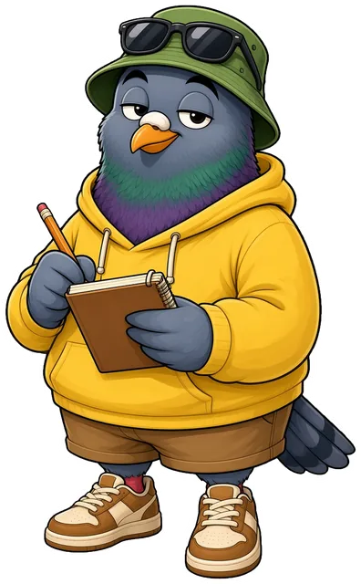 Cartoon of J Bird: a chubby pigeon in a yellow hoodie and a bucket hat with shades, holding a notebook and pencil