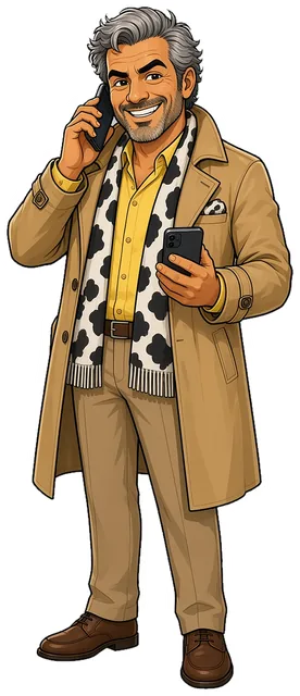 Cartoon of Fabrizio Mumu: a silver-haired man in a long trench coat and a cow-spot scarf with a phone in each hand