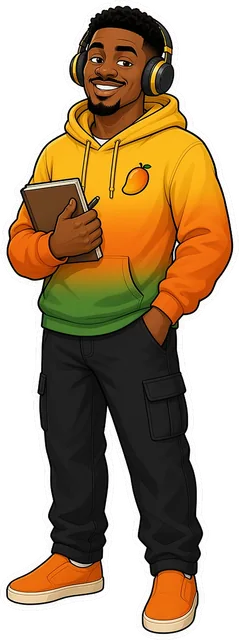 Cartoon of Fabrizio RoMango: a relaxed man in a mango-orange and yellow gradient hoodie and big headphones, holding a notebook