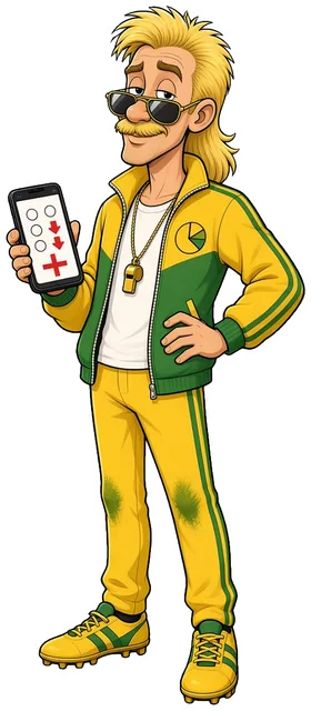 Cartoon of Manager Veld: a lanky man with a blond mullet, a droopy moustache and gold aviator shades, in a retro green and yellow track suit with grass-stained knees, one hand on his hip and a phone in the other