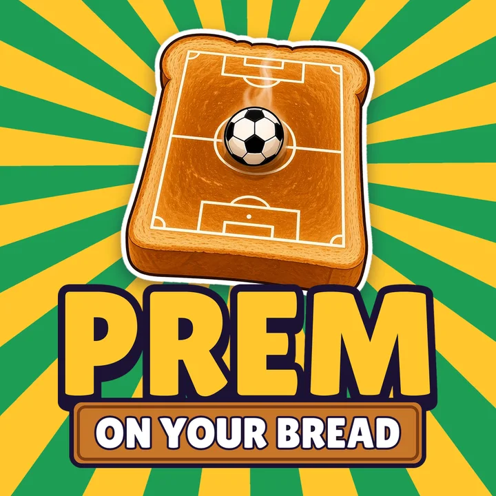 A slice of toast printed like a football pitch with a ball in the middle, above the words Prem on Your Bread